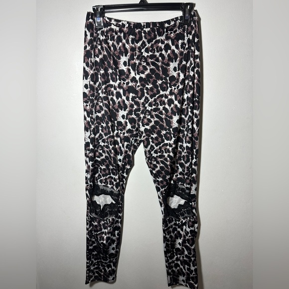 Leopard Print Lace Knee Cutouts High Rise Leggings Size Large - Picture 1 of 4